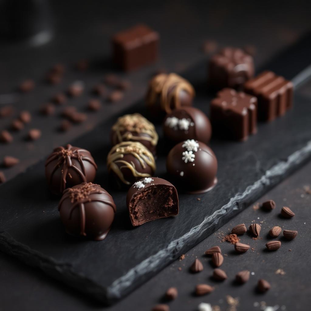 Fine chocolates on marble beside a notebook and laptop