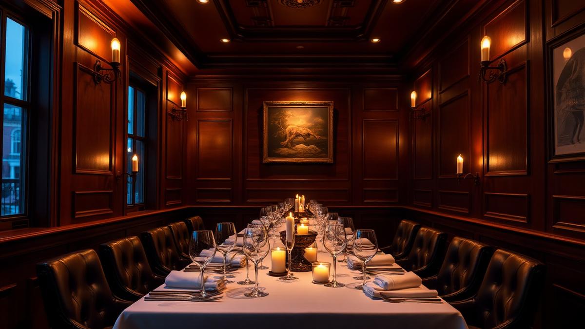 Private dining room at a New York steakhouse set for a roundtable dinner