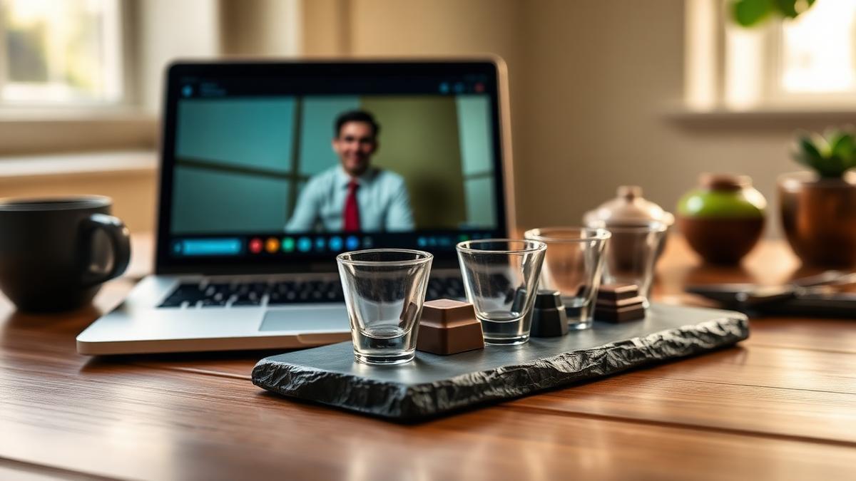 Chocolate tasting flight beside a laptop joined to a virtual session